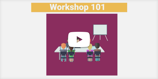 Illustration of a facilitator and 6 students with computers around a conference table